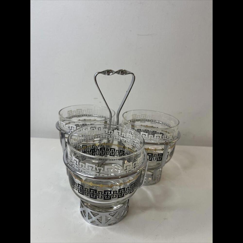 Vintage Libbey Sawing Pattern MCM 3 Condiment glass bowls in Metal Caddy